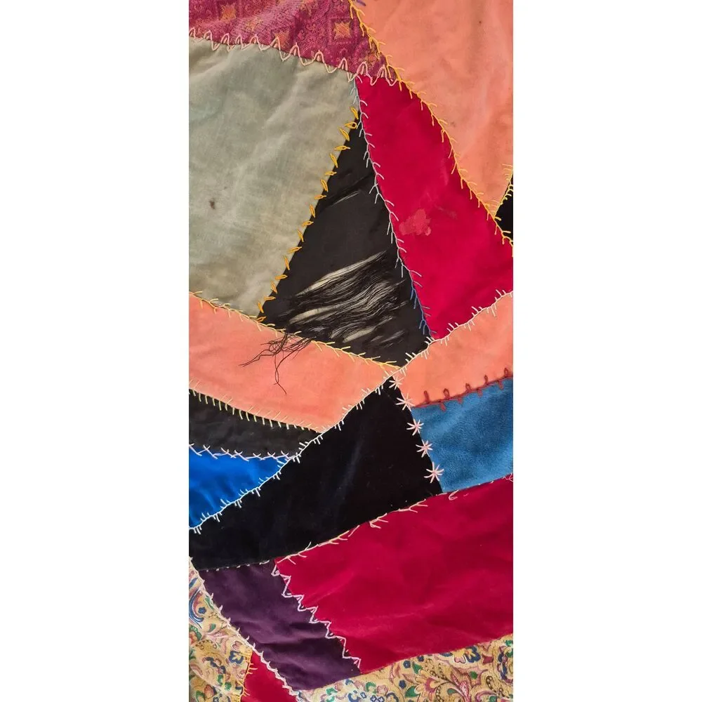 Vintage 1970s Handmade Velvet Crazy Quilt and Matching Pillow Set, Boho Eclectic